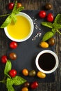 Fresh tomatoes, basil, olive oil and balsamic vinegar Royalty Free Stock Photo