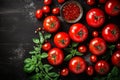 fresh tomatoes with basil, tomato paste flat lay Royalty Free Stock Photo