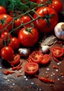 Fresh tomatoes on a branch, cut tomatoes, garlic, herbs and pieces of red pepper on a wooden background. Still life tomatoes. Royalty Free Stock Photo