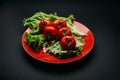 Fresh tomatoes with drops of water and lettuce on a red plate on a dark background Royalty Free Stock Photo