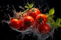 Fresh tomatoes falling into water with splash on black background, closeup Royalty Free Stock Photo