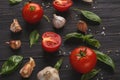 Fresh tomatoes and garlic closeup on dark rustic wood Royalty Free Stock Photo