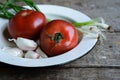 Fresh tomatoes, garlic, and scallions on old wooden table
