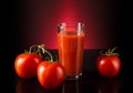 Fresh tomatoes and a glass full of tomato juice. Tomatoes lie on a black reflective table with a dark background and red light Royalty Free Stock Photo