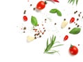 Fresh tomatoes, herbs and spices on white background Royalty Free Stock Photo
