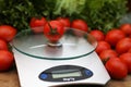 Fresh tomatoes on kitchen scales weighing Royalty Free Stock Photo