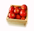 Fresh tomatoes on the vine in a wooden crate on a white backgrou Royalty Free Stock Photo