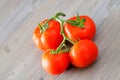 Fresh tomatoes with water droplets closeup, on the wooden kitchen table Royalty Free Stock Photo