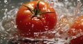 Fresh tomatoes in water splash on black background. Healthy food concept. Royalty Free Stock Photo