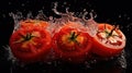 Fresh tomatoes in water splash on black background. Healthy food concept. Royalty Free Stock Photo