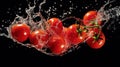 Fresh tomatoes in water splash on black background. Healthy food concept. Royalty Free Stock Photo