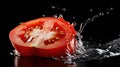 Fresh tomatoes in water splash on black background. Healthy food concept. Royalty Free Stock Photo