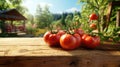 Fresh tomatoes on wooden table in garden, closeup. Gardening concept. Generative AI.