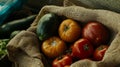 Fresh Tomatoes and Zucchini in Burlap Sack Royalty Free Stock Photo