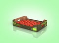 Fresh tomatos in box isolated on green gradient with reflection and place for text 3d