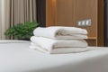 Fresh Towels Arranged On Hotel Room Bed Royalty Free Stock Photo