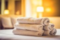 Fresh Towels Placed on Bed in Hotel Room. AI Royalty Free Stock Photo
