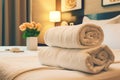 Fresh Towels Placed on Bed in Hotel Room. AI Royalty Free Stock Photo