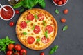 Fresh traditional Italian pizza Margarita or margharita with tomato sauce, mozzarella cheese and fresh green basil on top Royalty Free Stock Photo