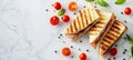Fresh triangle sandwich with ham, cheese, tomato salad on bright white background with copy space Royalty Free Stock Photo