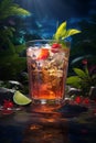 Fresh tropical cocktail with fruits and berries and ice with tropical trees and plants on a dark mystical background. Royalty Free Stock Photo