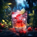 Fresh tropical cocktail with fruits and berries and ice with tropical trees and plants on a dark mystical background. Royalty Free Stock Photo