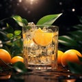 Fresh tropical cocktail with oranges and ice with tropical trees and plants on a dark mystical background Royalty Free Stock Photo