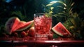 Fresh tropical cocktail with watermelon and ice with tropical trees and plants on a dark mystical background Royalty Free Stock Photo