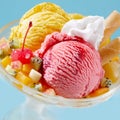 Fresh tropical fruit salad with cherry ice-cream Royalty Free Stock Photo