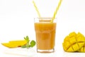 Fresh tropical fruit smoothie mango juice and fresh mango on a white background. Royalty Free Stock Photo
