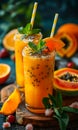 Fresh tropical fruit smoothie with papaya mango passion fruit and mint on wooden background Royalty Free Stock Photo