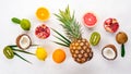 Fresh Tropical Fruits. Pineapple, coconut, kiwi, orange, pomegranate, grapefruit. On a wooden background. Top view Royalty Free Stock Photo