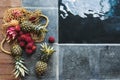 Fresh tropical fruits pineapple, rambutan, dragon fruit in reusable mesh bag