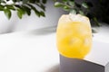 Fresh tropical orange cocktail with ice in glass in bright sun beam with glare and shadows, green foliage in soft light white.