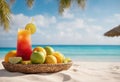 Fresh tropical red cocktail and fruits on wicker tray, stands on sand, on ocean shore in shade of palm trees Royalty Free Stock Photo