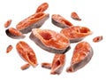 Fresh trout steaks in the shape of a heart on a white background