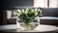 Fresh tulip bouquet in glass vase centerpiece generated by AI