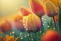 Fresh Tulips with Dew Drops. Beautiful Spring background with tulips in sunny meadow. generative AI Royalty Free Stock Photo