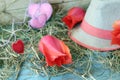 Fresh tulips, hearts decor, straw hat, hay on a wooden surface, top view Royalty Free Stock Photo