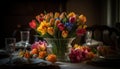 Fresh tulips in multi colored vase on table generated by AI