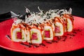 Fresh tuna and avocado sushi rolls with salmon, crab and masago Royalty Free Stock Photo