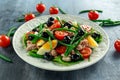 Fresh Tuna Green Bean salad with eggs, tomatoes, beans, olives on white plate. concept healthy food Royalty Free Stock Photo