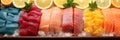 Fresh tuna and salmon fillet. sliced fish on store counter with ice and lemon slices Royalty Free Stock Photo