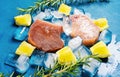 fresh tuna steak with ice, lemon and rosemary Royalty Free Stock Photo
