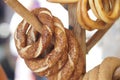 Fresh turkish simit bread on display at a market in the morning Royalty Free Stock Photo