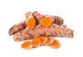 Fresh turmeric, curcuma roots on white background