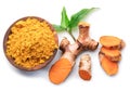 Fresh turmeric rhizome and turmeric powder isolated on white background