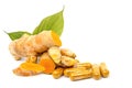 Fresh turmeric and turmeric powder in capsules, Thai herbs.