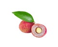 fresh two red lychee sweet fruit open peel and cut half show seed green leaf. Isolated on white background with clipping path Royalty Free Stock Photo