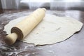 Fresh unbaked dough with rolling pin